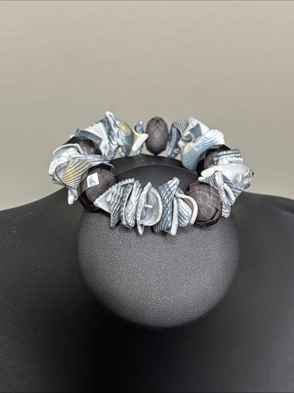 Denim Tone Shell Gray Beaded Boho Beach Stretch Chunky Bracelet